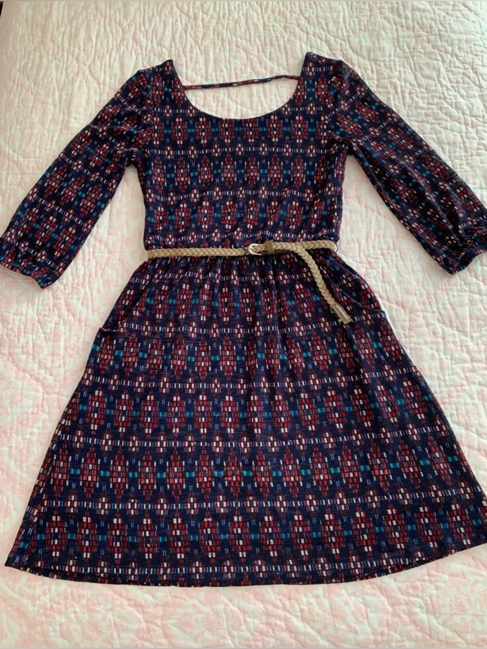Red Camel Dress Juniors S Blue Fit & Flare Belted 3/4 Sleeve Scoop Back